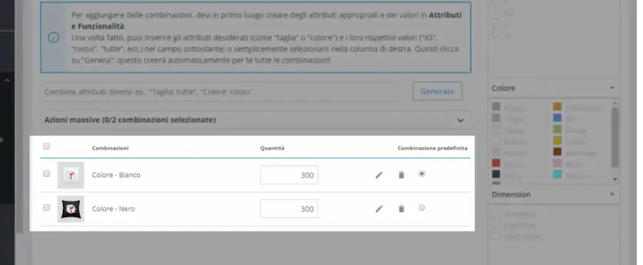prodotto con combinazioni