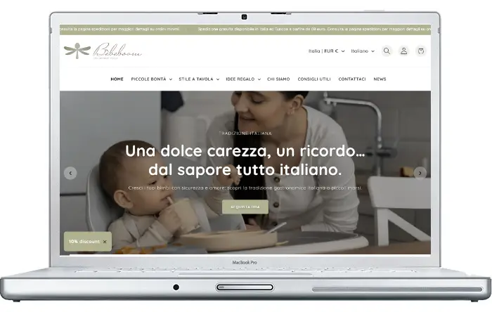 Sito di vendita prodotti per lo svezzamento in silicone e Italian Food. Nell'immagine l'anteprima della home del sito su un mac