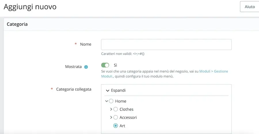 come aggiungere sottocategorie a prestashop