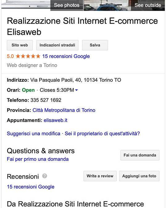Scheda Google MyBusiness per le attività commerciali