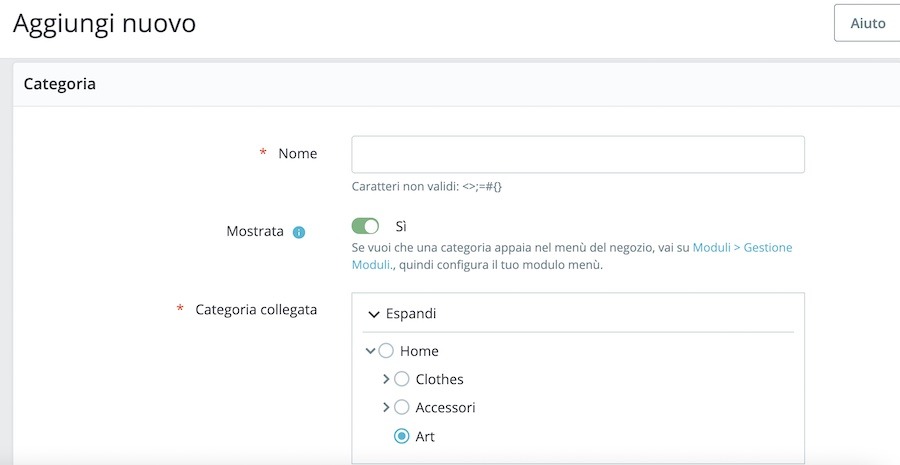 come aggiungere sottocategorie a prestashop