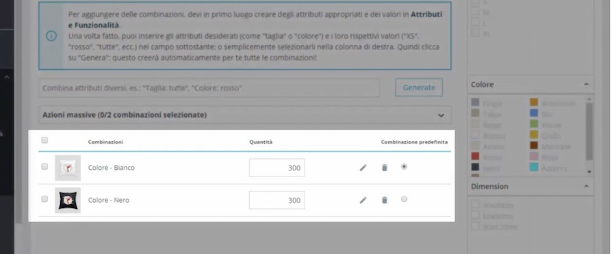 prodotto con combinazioni