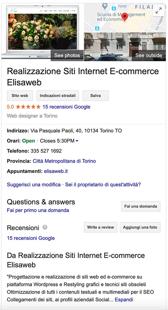 Scheda Google My Business di ElisaWeb