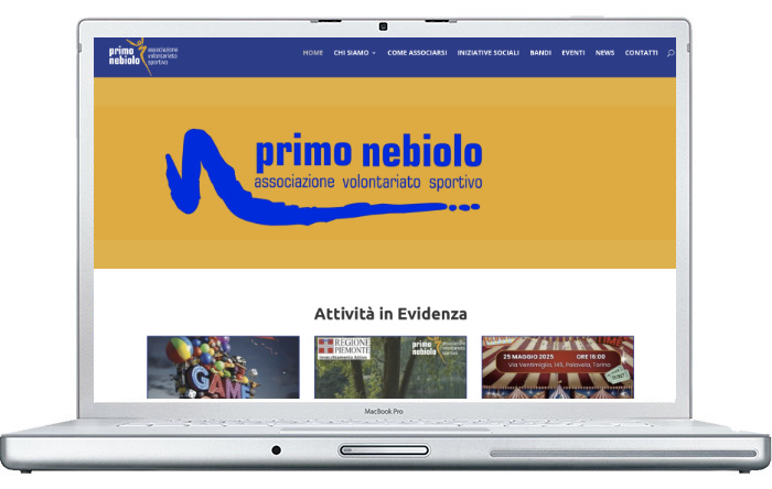 Sito realizzato per ASSOCIAZIONE PRIMO NEBIOLO, volontariato sportivo. Nell'immagine una parte della home page del nuovo sito vista da un Mac Book