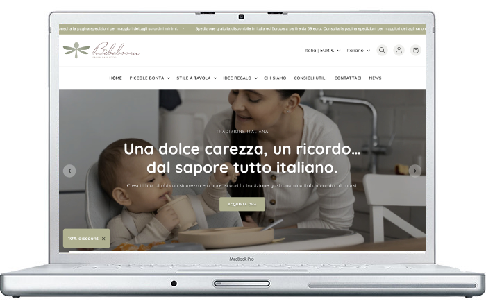 Sito di vendita prodotti per lo svezzamento in silicone e Italian Food. Nell'immagine l'anteprima della home del sito su un mac