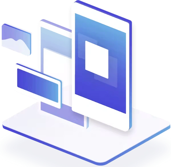 Realizzazione-Siti-web-Torino-ottimizzati Grafica 3D isometrica che rappresenta la realizzazione di un sito web: dispositivo mobile con interfaccia a blocchi e elementi UI fluttuanti, in tonalità blu e viola