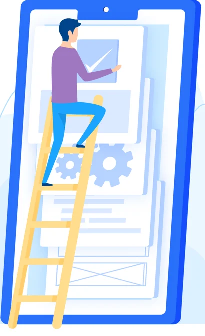 realizzazione-siti-web-per-medici-e-farmaci Illustrazione di un professionista su una scala che assembla e ottimizza le sezioni di un sito web all'interno di uno smartphone, con ingranaggi e layout in costruzione