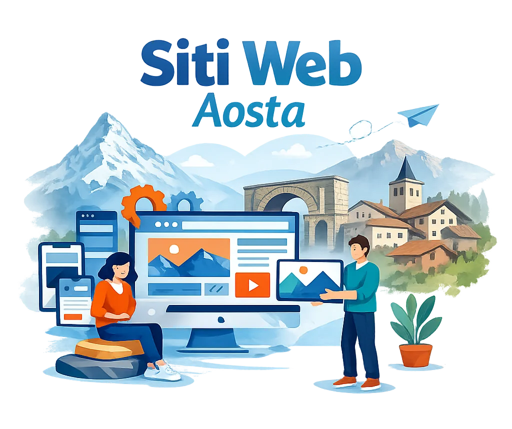 Siti Web Aosta - illustrazione grafica per creazione siti internet professionali ad Aosta con design moderno, dispositivi responsive e riferimenti al territorio valdostano.