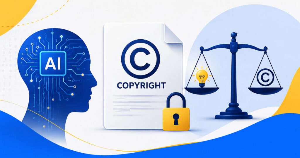 Illustrazione originale che rappresenta il rapporto tra intelligenza artificiale e copyright, con simboli di AI, documento protetto da diritto d'autore e bilancia della giustizia su sfondo nei colori del brand ElisaWeb.
