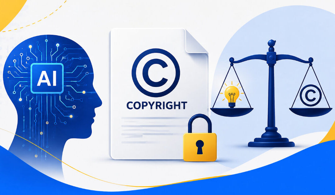 Illustrazione originale che rappresenta il rapporto tra intelligenza artificiale e copyright, con simboli di AI, documento protetto da diritto d'autore e bilancia della giustizia su sfondo nei colori del brand ElisaWeb.