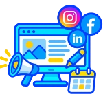 Icona di gestione pagine social: schermo con post, icone di Instagram, Facebook e LinkedIn, megafono, matita e calendario editoriale