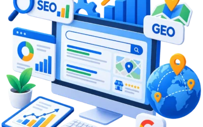 Ottimizzazione Siti SEO e Geo: nell'immagine Schermata di ricerca con etichette SEO e GEO, grafici in crescita, scheda attività locale su mappa e mappamondo con segnaposto
