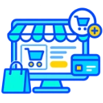 Realizzazione Ecommerce: Icona di negozio online con carrello, borsa della spesa e carta di credito