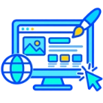 Icona di realizzazione siti web: browser con layout di pagina, pennello e mappamondo