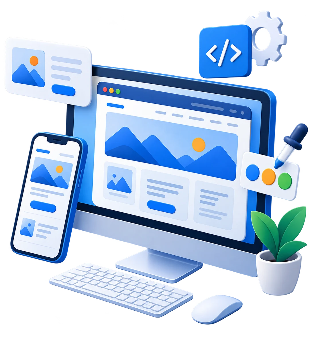 Realizzazione siti web: Illustrazione di un sito web responsive visualizzato su monitor desktop e smartphone, con icone di codice, palette colori e impostazioni