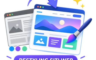 Restyling siti web aziendali e professionali a Torino. Illustrazione concettuale del servizio di restyling siti web: trasformazione visiva da vecchio browser grigio a moderno browser blu con design contemporaneo, montagne digitali, componenti grafici e palette di colori vibranti che rappresenta la modernizzazione professionale
