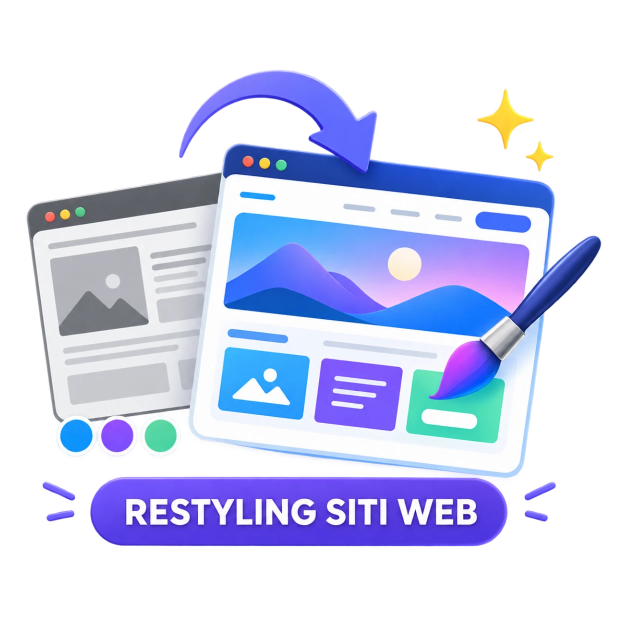 Restyling siti web aziendali e professionali a Torino. Illustrazione concettuale del servizio di restyling siti web: trasformazione visiva da vecchio browser grigio a moderno browser blu con design contemporaneo, montagne digitali, componenti grafici e palette di colori vibranti che rappresenta la modernizzazione professionale