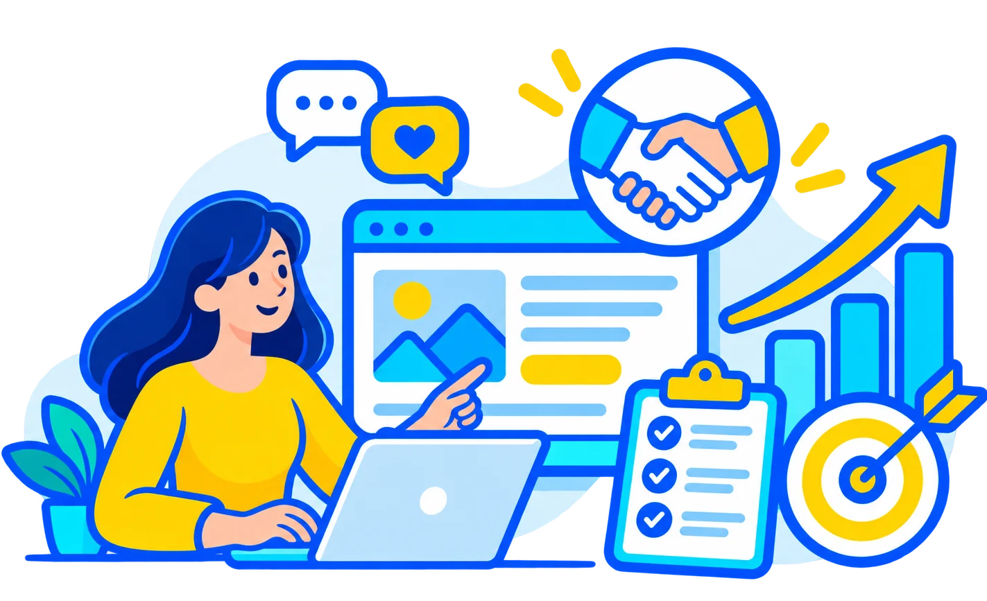 Nell'immagine Consulente al laptop mostra un sito web, con stretta di mano, checklist, grafico in crescita e obiettivo centrato