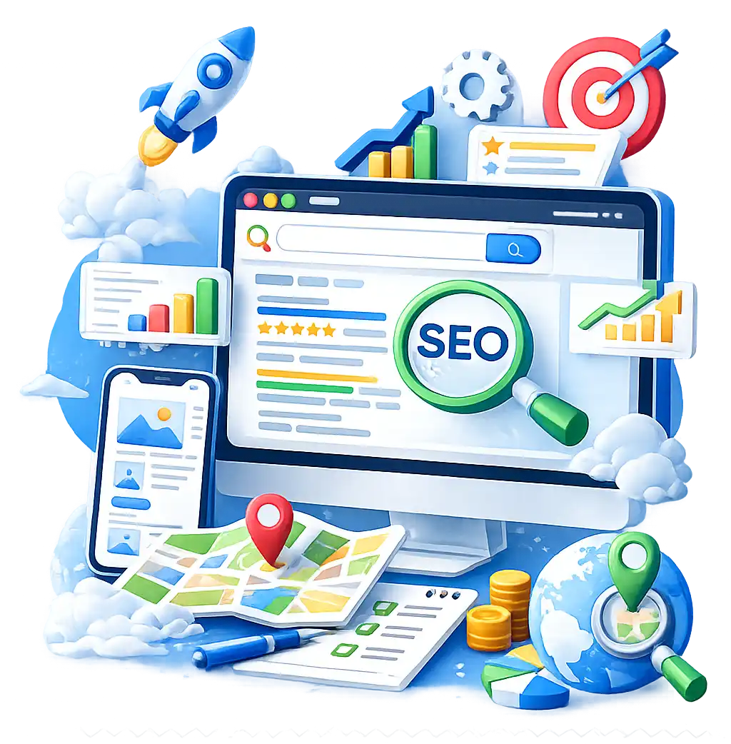 Ottimizzazione siti SEO e Geo: nell'immagine una pagina di risultati di ricerca su monitor con lente d'ingrandimento SEO, grafici di crescita, mappa con segnaposto e mappamondo