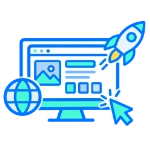 Illustrazione di lancio e crescita sito web: monitor con rocket, globo terrestre e freccia di accelerazione simboleggia l'espansione online del restyling