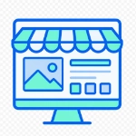 Icona sito vetrina digitale: monitor con tendina di negozio blu e verde, immagine prodotto, testo e layout web rappresenta e-commerce o un business online