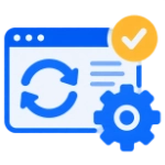 Icona aggiornamenti facili WordPress: schermata browser con frecce circolari di refresh e ingranaggio, simbolo della gestione autonoma dei contenuti del sito dinamico