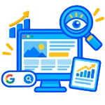 are visibilità a un sito web: monitor con pagina web, ricerca Google, lente e grafici SEO