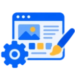 Icona personalizzazione avanzata sito web: schermata browser con immagine, testo, ingranaggio e pennello, simbolo della progettazione custom di siti dinamici WordPress