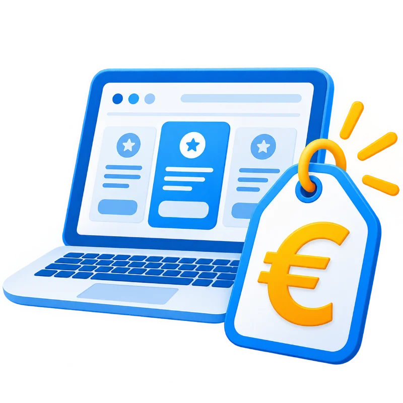 Prezzi siti web professionali Elisaweb con laptop e cartellino del prezzo in euro