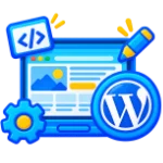 Icona WordPress per la realizzazione e gestione di siti web, con una finestra browser, simbolo WordPress, codice, matita e ingranaggio.