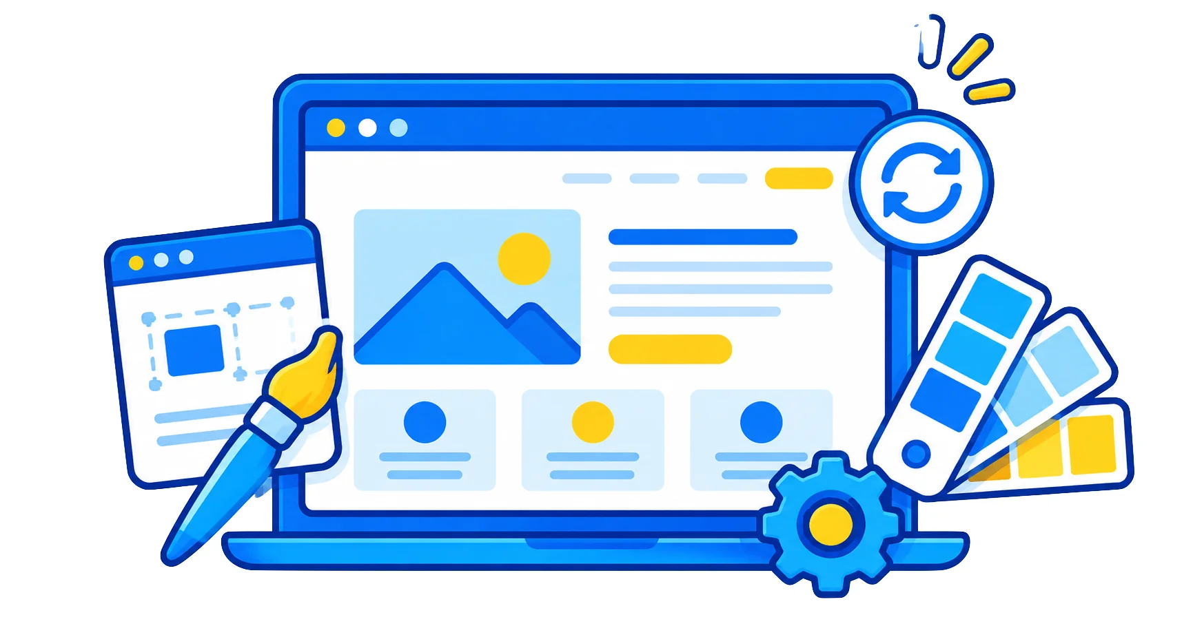 Restyling siti web: laptop con nuovo layout di pagina, pennello, palette colori e icona di aggiornamento
