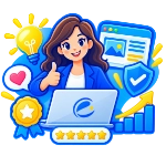 Elisaweb professionista sorridente davanti a un laptop con logo ElisaWeb, circondata da icone di innovazione , amore per il cliente, protezione, eccellenza, crescita dei risultati e 5 stelle di valutazione