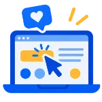 Icona interattività sito web: laptop con cuore, cursore, punti di interazione e commenti, simbolo del coinvolgimento utenti e integrazione social sui siti dinamici WordPress
