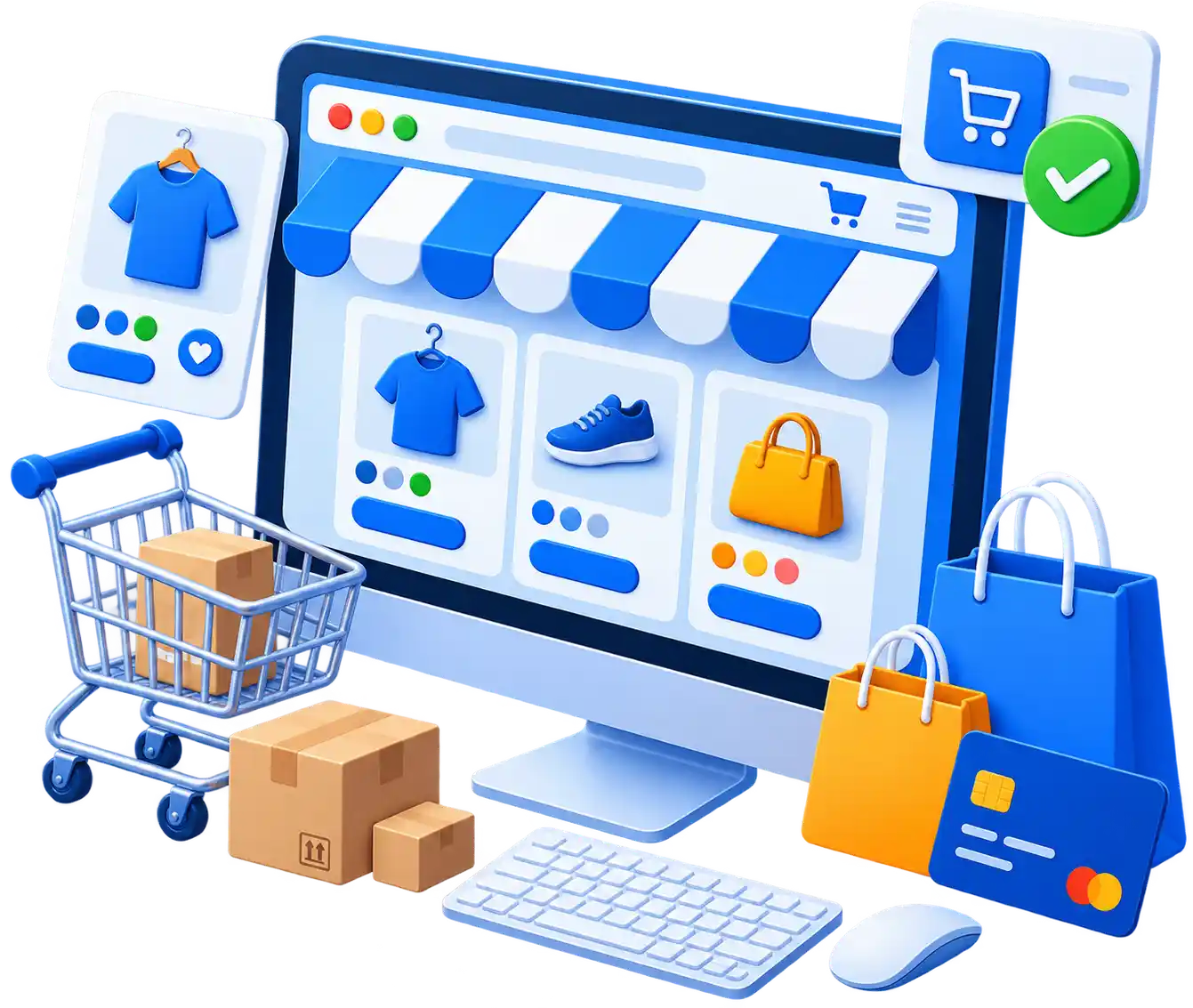 Realizzazione e-commerce: negozio online su schermo desktop con carrello, prodotti e pagamento con carta