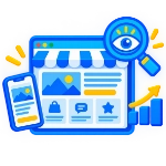 Illustrazione che mostra la realizzazione di siti web e vetrine digitali: include un computer con storefront, uno smartphone, un'icona di occhio per visibilità, una lente di ingrandimento e elementi decorativi che rappresentano analisi e sviluppo