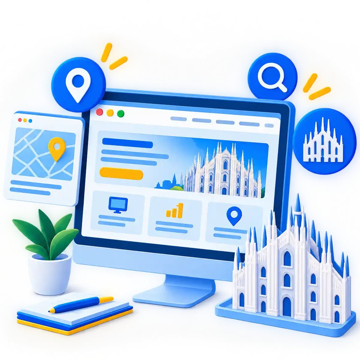 Realizzazione siti web Milano: illustrazione con Duomo di Milano, grattacieli Porta Nuova, laptop, monitor, icone di codice, SEO e digital marketing