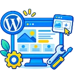 Realizzazione siti web WordPress: monitor con pagina in costruzione, logo WordPress, ingranaggio e attrezzi