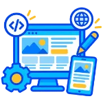 icona di creazione di siti web aziendali con elementi di coding, design responsivo e global reach