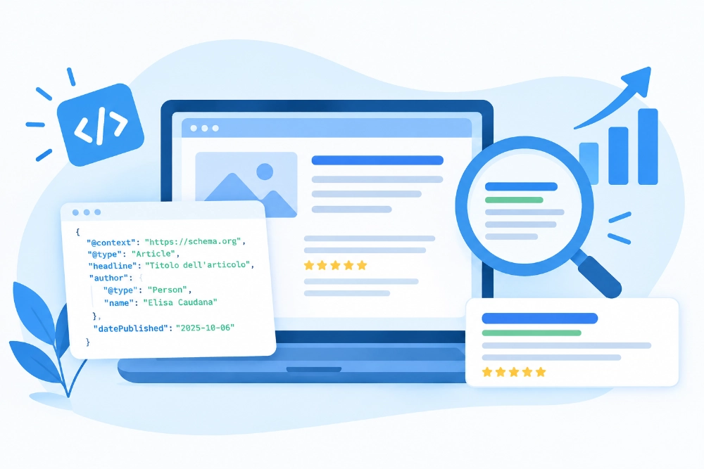 Illustrazione di un computer con codice JSON-LD, dati strutturati e icone SEO, a rappresentare il ruolo del markup JSON-LD nell’ottimizzazione per i motori di ricerca.