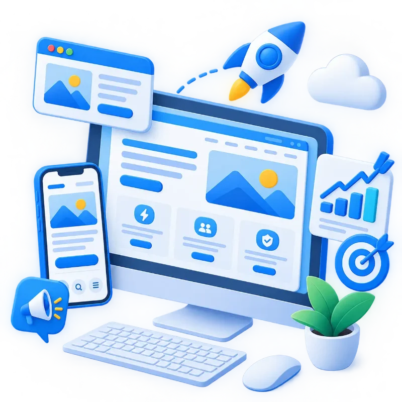creazione sito web dinamico con computer, smartphone, interfaccia web, grafici di crescita e icone di marketing digitale, nei toni del blu e del bianco con dettagli gialli e verdi, su sfondo trasparente.