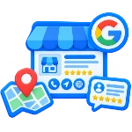 Google Business Profile Icona 3D di una scheda attività Google con vetrina, logo Google, mappa, segnaposto e recensioni a cinque stelle per la gestione del profilo aziendale online