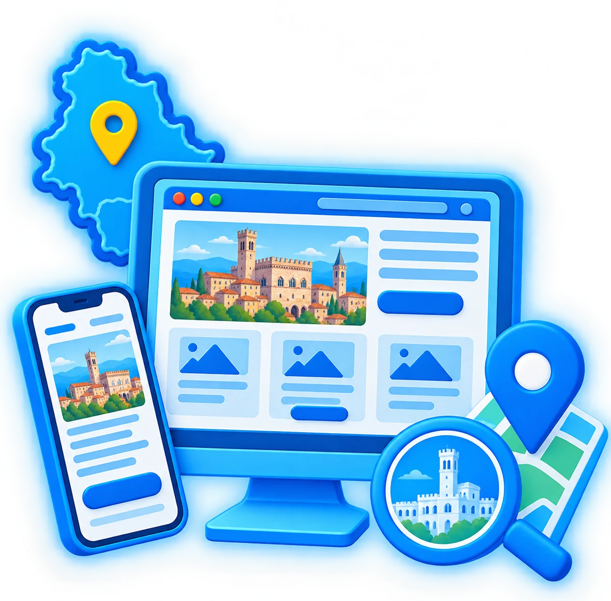 Realizzazione siti web a Perugia: illustrazione di un sito web responsive con computer, smartphone e mappa con segnaposto, ispirata al centro storico di Perugia.