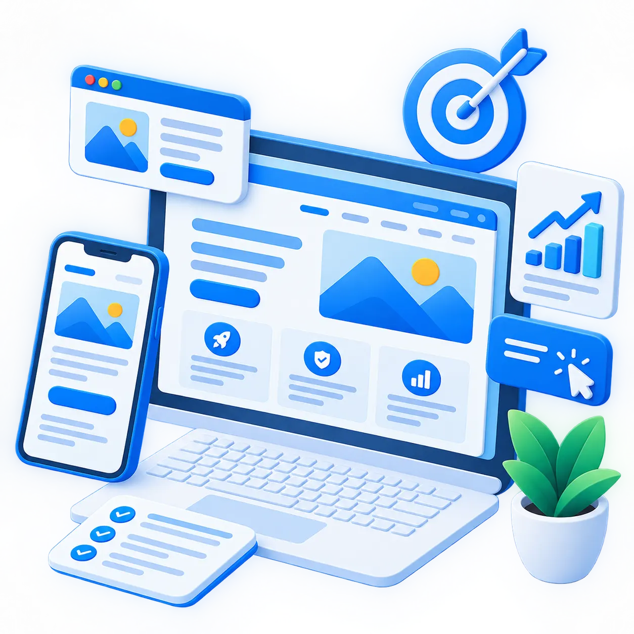 Illustrazione 3D per Creazione landing page Torino moderna con computer, smartphone, interfaccia web, grafici di crescita e icone di marketing digitale, nei toni del blu e del bianco con dettagli gialli e verdi, su sfondo trasparente.